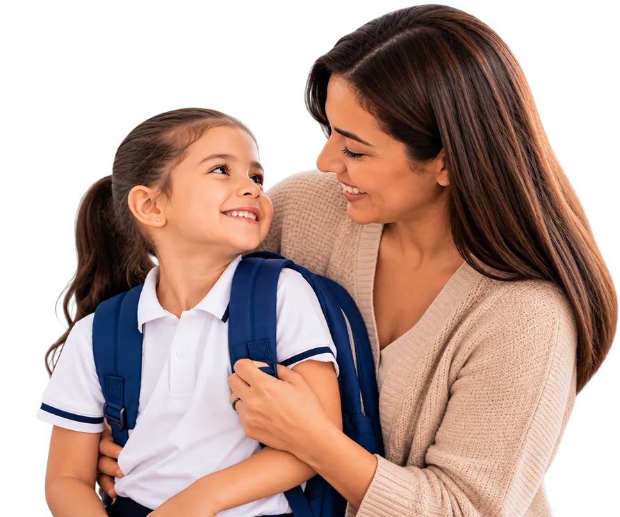 Madre con suéter beige y su hija con uniforme escolar blanco y mochila azul saliendo de la escuela
